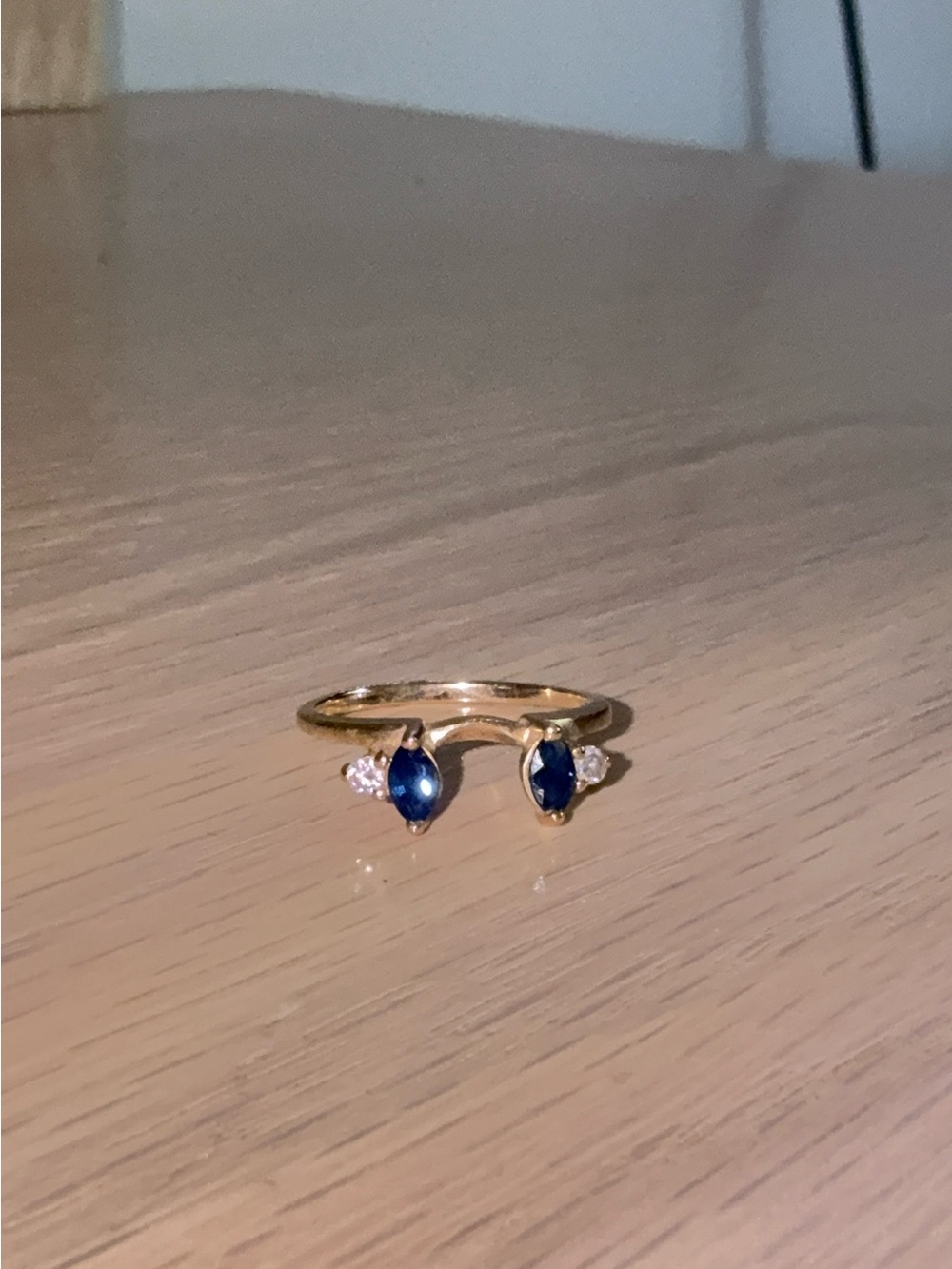 14k Solid Gold Open Ring with Blue Sapphire Marquise Stones and Accent Diamonds